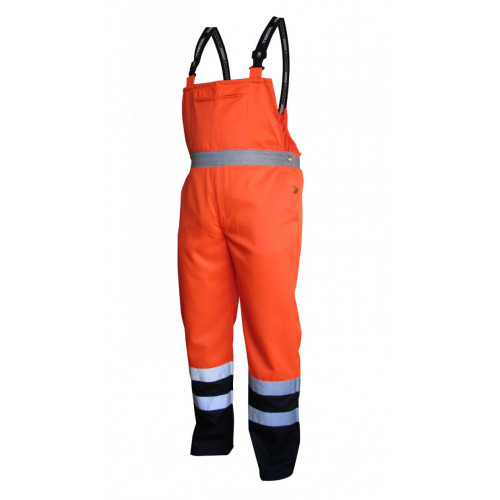 Spodnie robocze ostrzegawcze pomarańczowo-granatowe na szelkach Vizwell VWTC08-BON